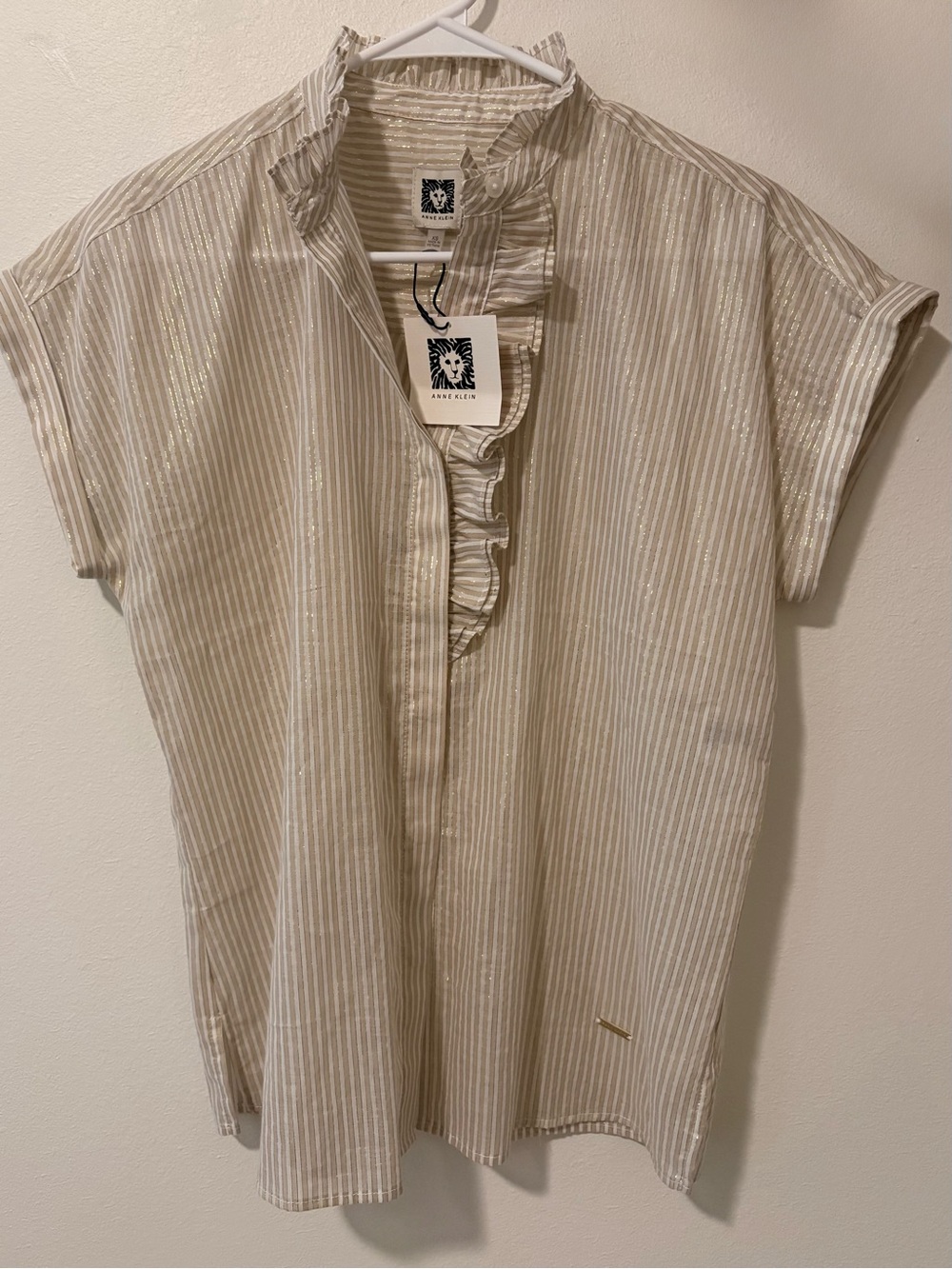 Anne Klein Cream and White Striped Ruffle-Trim Button Down Shirt Size XS - New
